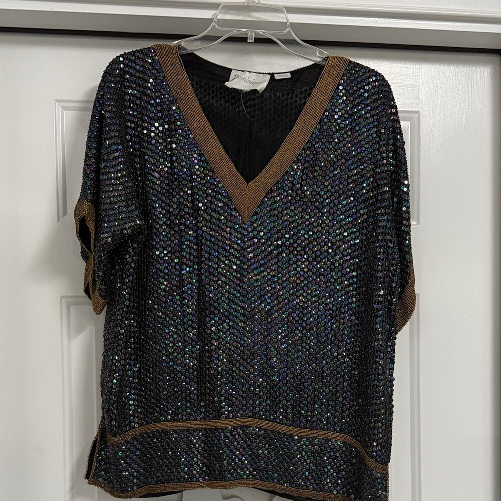 Dominique Black and Gold V-Neck Sequin Blouse